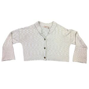 Willow Root Textured Knit Collared Button Front Cropped Sweater Cream Size L